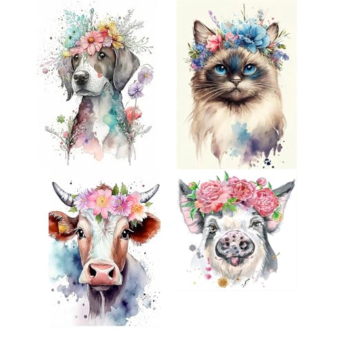 SHEGZHUC Diamond Painting Tiere mit Blumen 4er Set 30x40/30cm 5D Diamant Painting Malen nach Zahlen Diamond Painting Hund Katze Kuh Schwein Blumen Diamond Painting Erwachsene Tiere Bunt Craft Buddy von SHEGZHUC