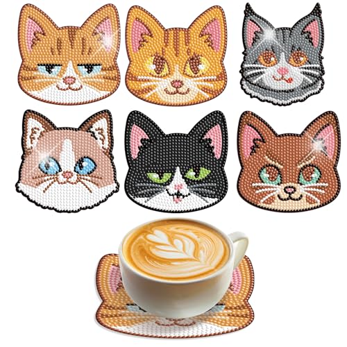 SHEGZHUC Diamond Painting Untersetzer Katze 6 STK Diamond Painting Glasuntersetzer Tischuntersetzer Tiere Diamant Malerei Dekorative Glasuntersetzer Kunsthandwerk für Gläser Teetassen und Getränke von SHEGZHUC