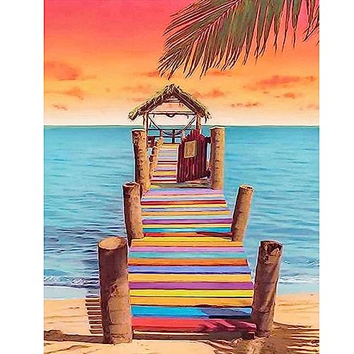 SHEGZHUC Square Diamond Painting Brücken Regenbogen 40x50 cm Diamond Painting Eckige Steine Strand Meer Diamond Painting Landschaft Quadratische Steine Diamond Painting Sonnenuntergang am Meer Palmen von SHEGZHUC