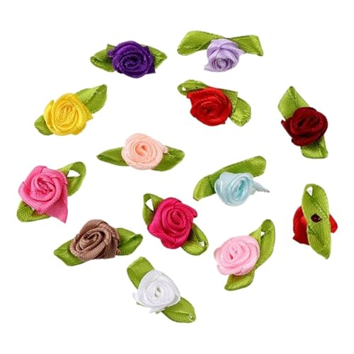 2 Beutel Mini Band Rosen Mehrfarbig Mini Rose Blumen Satinband Schleifen Applikationen Winzige Satin Stoff Blumen Künstliche Stoffblumen für DIY Handwerk Nähen (Farbig) von SHENJMAI