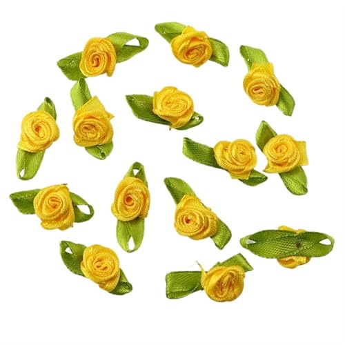 2 Beutel Mini Band Rosen Mehrfarbig Mini Rose Blumen Satinband Schleifen Applikationen Winzige Satin Stoff Blumen Künstliche Stoffblumen für DIY Handwerk Nähen (Goldgelb) von SHENJMAI