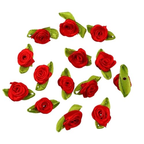 2 Beutel Mini Band Rosen Mehrfarbig Mini Rose Blumen Satinband Schleifen Applikationen Winzige Satin Stoff Blumen Künstliche Stoffblumen für DIY Handwerk Nähen (Rot) von SHENJMAI