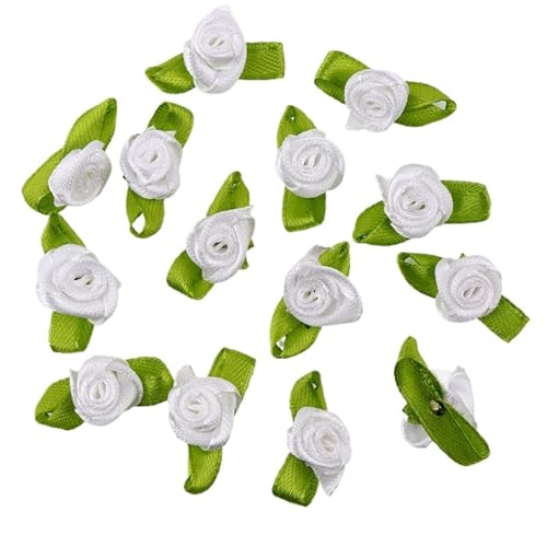 2 Beutel Mini Band Rosen Mehrfarbig Mini Rose Blumen Satinband Schleifen Applikationen Winzige Satin Stoff Blumen Künstliche Stoffblumen für DIY Handwerk Nähen (Weiß) von SHENJMAI