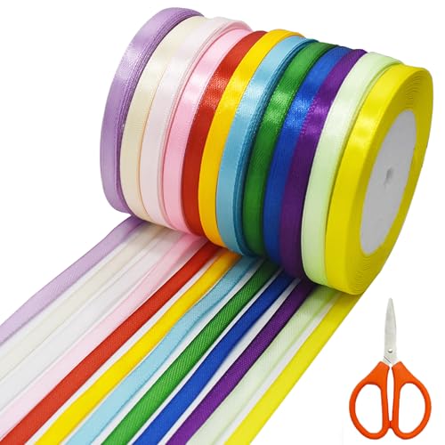 SHENSAIGO 12 Roll Bunt Satinband, Polyester Geschenkband 12 Farben 6 mm x 20m, Schleifenband Hochzeit mit Schere, Dekoration Seidenbänder Bunt für Geschenk Verpackung Party Deko DIY Handwerk von SHENSAIGO