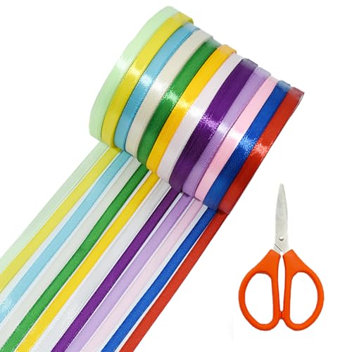 SHENSAIGO 12 Roll Bunt Satinband, Polyester Geschenkband 12 Farben 6 mm x 20m, Schleifenband Hochzeit mit Schere, Dekoration Seidenbänder Bunt für Geschenk Verpackung Party Deko DIY Handwerk von SHENSAIGO