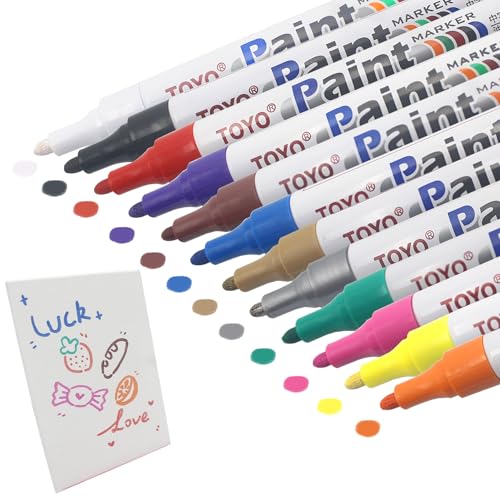 SHENSAIGO 12 Stück Permanent Marker Set, 12 Farben Marker Stifte mit Kleine Reißbrett, Paint Marker Wasserfeste Stifte, Schnell Trocknend Lackstift für Stein Karton Kunststoff Holz Metall von SHENSAIGO