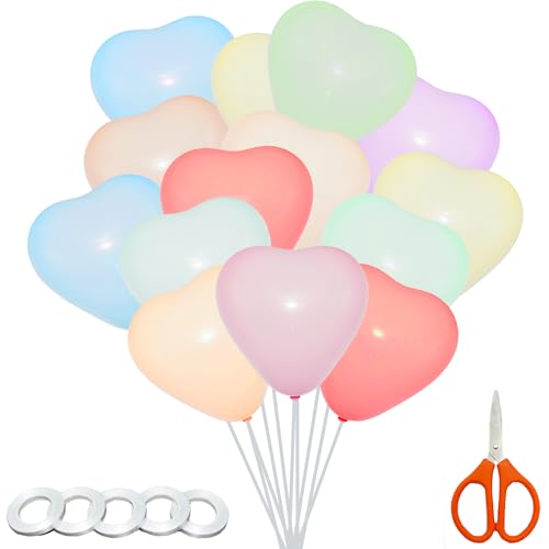 SHENSAIGO 50 Stück Herzluftballons Macaron, 12 Zoll Luftballons Hochzeit mit 5 Rollen Weiße Bänder, Latex Helium Ballons, Pastell Luftballons Bunt für Hochzeitsdeko Party Verlobung Geburtstag von SHENSAIGO