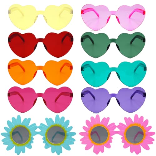 SHENSAIGO 8 Paar Herz Sonnenbrille, Bunte Party Sonnenbrille, Randlose Herzbrille, Lustige Partybrillen mit 2 Sonnenblumen Sonnenbrille, Hippie Herzbrillen für Hochzeit Fasching Foto Requisiten von SHENSAIGO