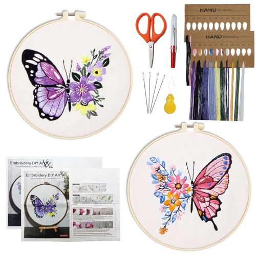 SHENSAIGO Stickset für Anfänger, 2 Stück Sticken Set Erwachsene Schmetterling, Embroidery Kit mit Stickrahmen und Werkzeugen, Blumen Kreuzstich Set Vorgedruckt für DIY Handstickere Stickereiliebhaber von SHENSAIGO