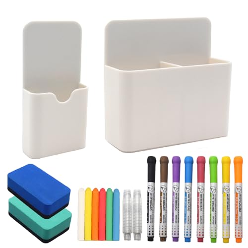 SHENSAIGO Whiteboard Zubehör, 2 Größe Magnetischer Stiftehalter, 8 Abwischbar Whiteboard Marker, 2 Whiteboard Schwamm Magnetisch, Weiß Stifthalter Magnetisch für Zuhause Büro Schule von SHENSAIGO