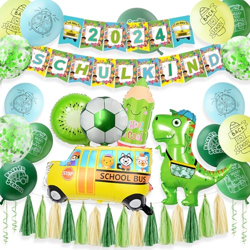 SHEPIN 25pcs Einschulung Deko Junge Grün Luftballons Einschulung Schulkind Girlande Folienballon Quasten Set, Schuleinfang Schulkind 2024 Junge Deko Schuleinführung Luftballon Set für Junge Mädchen von SHEPIN