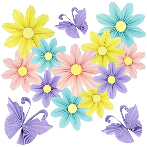 SHEPIN 14 Stück Papier Fächer Dekoration Papierblumen Gänseblümchen & Schmetterlinge zum Aufhängen Geburtstagsdeko Girlande, Hängede Papier Blumen für Party Geburtstag Hochzeit Sommer Deko von SHEPIN