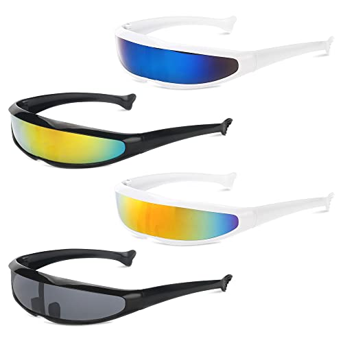 SHEPIN 4 Stück Futuristische Sonnenbrille, Verspiegelte Schnelle Brille Rave Party Brille Sonnenbrille Lustig Funbrille Kreative Rollenspiel Brillen Set, Space Brillen Set für Cosplay Requisiten von SHEPIN