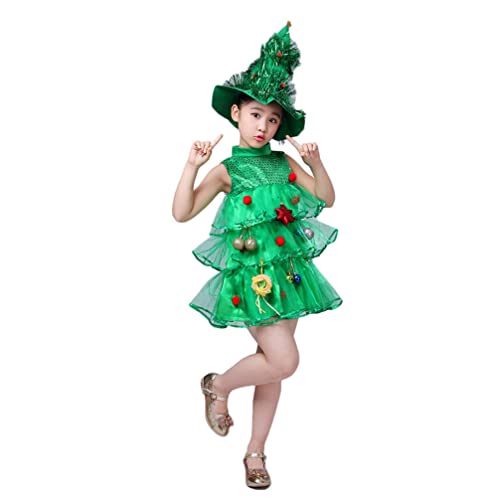 SHERCHPRY Weihnachtsbaum-Kostüm Für Kinder Grüner Lametta-Weihnachtsbaumrock Neuartiger Weihnachts-Partyhut Weihnachts-Performance-Kleid-Outfit Mit Mini-Geschenkbox 120 cm von SHERCHPRY