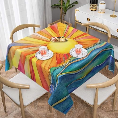 SHFJASBNUMG Regenbogen-Sonnen-Tischdecke, Sonnen-Schwarzlicht-Tischdecke, UV-Schwarzlicht, reaktive Esstischabdeckung für Küche, Urlaub, Abendessen, 140 x 140 cm von SHFJASBNUMG