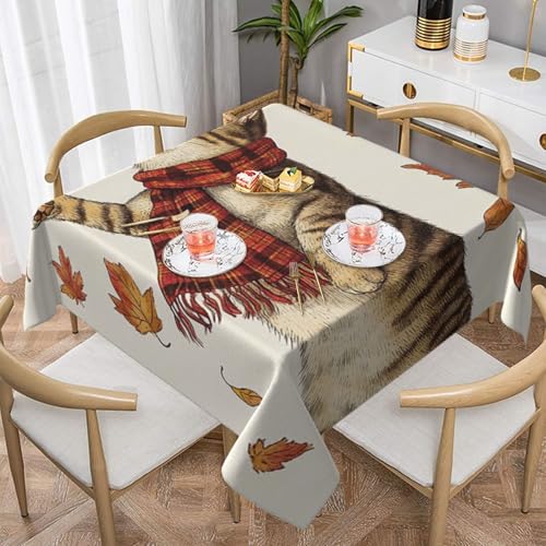 SHFJASBNUMG Tischdecke für Esstisch, Motiv: Herbstkatze, Hello Fall, niedliche Katze, Tischdecke für Dinner-Party, Picknick, Dekoration, 140 x 140 cm von SHFJASBNUMG