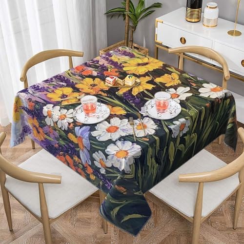 SHFJASBNUMG Tischdecke mit Wildblumen-Malerei, lila-gelb, florales Kunstwerk, Esstisch, Tischdecke für Zuhause, Restaurant, Picknick, Innen- und Außenbereich, 140 x 140 cm von SHFJASBNUMG