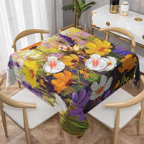 SHFJASBNUMG Tischdecke mit Wildblumen-Malerei, lila-gelb, florales Kunstwerk, Tischdecke, Blumen, Esstisch, Abdeckung für Dinner-Party, Picknick, Dekoration, 140 x 140 cm von SHFJASBNUMG