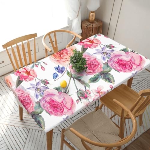 Aquarell Frühling Blume Vintage Rechteckige Tischdecke -76, klein, 152 cm, wasserabweisender, auslaufsicherer, abwischbarer Polyester-Esstisch von SHFYTRHG