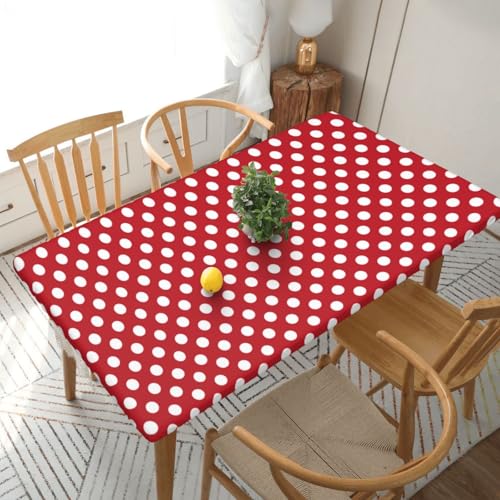 Weiße Polka Dots auf Rot Rechteckige Tischdecke -76, klein, 152 cm, wasserabweisender, auslaufsicherer, abwischbarer Polyester-Esstisch von SHFYTRHG