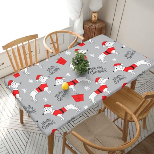 Welpe mit Weihnachtsmütze Rechteckige Tischdecke -76, klein, 152 cm, wasserabweisender, auslaufsicherer, abwischbarer Polyester-Esstisch von SHFYTRHG