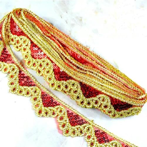 9 Yards Pailletten-Stickerei-Spitze für Karnevalskostüme, Spitzenband, Wellen-Häkelarbeit, Gold- und Silberzopf-Besätze, goldenes Nähband, 4,5 cm, Rot von SHHEG