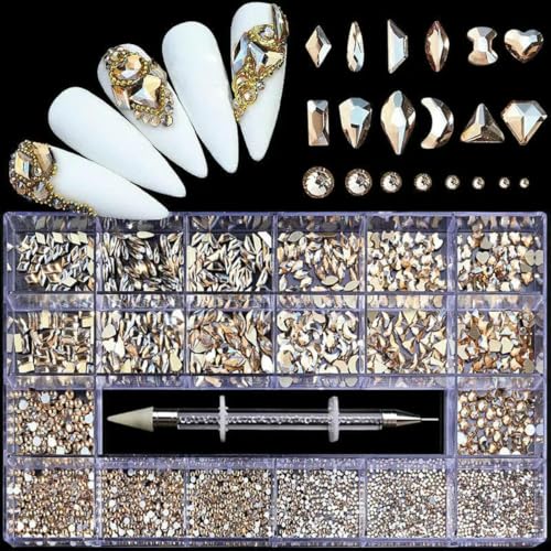 Luxuriöses, glänzendes Diamant-Schmuckset für Nagelkunst-Dekorationen, Nagel-AB-Bohrer mit flachem Boden, Nagelkunst, gemischte Kristalle, nagelförmiger Diamant, Gold/Champagner von SHHEG