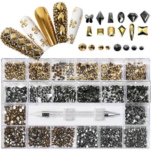 Luxuriöses, glänzendes Diamant-Schmuckset für Nagelkunst-Dekorationen, Nagel-AB-Bohrer mit flachem Boden, Nagelkunst, gemischte Kristalle, nagelförmiger Diamant, Gold/Schwarz von SHHEG