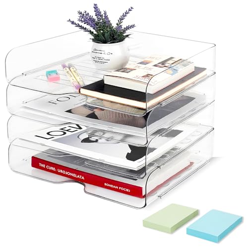 4 Stück Dokumentenablage A4 Transparent, Briefablage Stapelbar mit 2 Haftnotizen, Acryl PET Ablagefächer Schreibtisch Papierablage Ablagekorb Briefkorb für Zeitschriften Papier Brief Bürobedarf von SHILIPAIJC