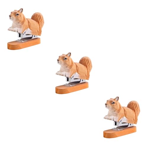 SHINEOFI 3 Teiliger Tierhefter Schreibtisch Ornament Tierform Hefter Aussehen Hefter Eichhörnchen Tiere Das Tier Fischprodukt Holzhefter Statue Student Edelstahl Gelb von SHINEOFI