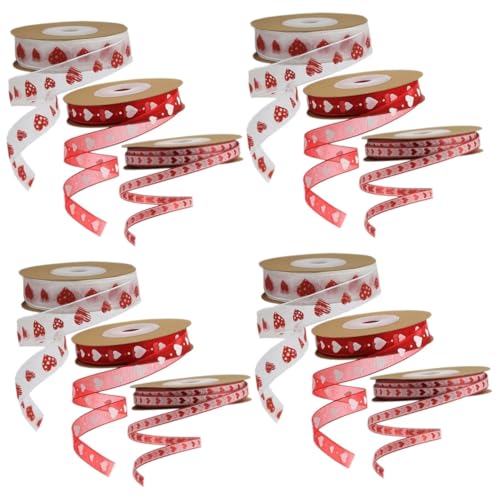 SHINEOFI 4 Sätze Valentinstag Bänder Bögen Stift Aufkleber Verpackungsband Herz Valentinsgrüße Strasssteine Hochzeitsband Sackleinen Liebe Gold Banddekor Partybänder Polyester 3 Rollen * 4 von SHINEOFI