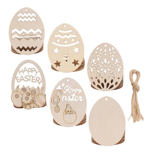 SHINEOFI 6 Sätze Ei-holz-chips Diy-holzchip-ornament Holzornamente Ostern-holzmarken Diy Zubehör Ostern Holzspan Diy-ei-dekorationen Zum Aufhängen Diy Hängeetiketten Hanfseil von SHINEOFI