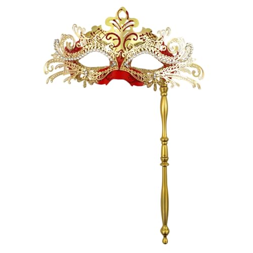 SHINROAD Elegante Party-Maske, Maskerade, ausgefallenes Metall mit Handstab, halbes Gesicht, venezianische Strasssteine, für Männer und Frauen, ideal für Abschlussball, Ball, Karneval, Rot / Gold von SHINROAD