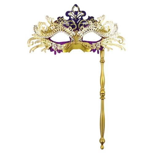 SHINROAD Elegante Party-Maske, Maskerade, ausgefallenes Metall mit Handstab, halbes Gesicht, venezianische Strasssteine, für Männer und Frauen, ideal für Abschlussball, Ball, Karneval, Violett / Gold von SHINROAD