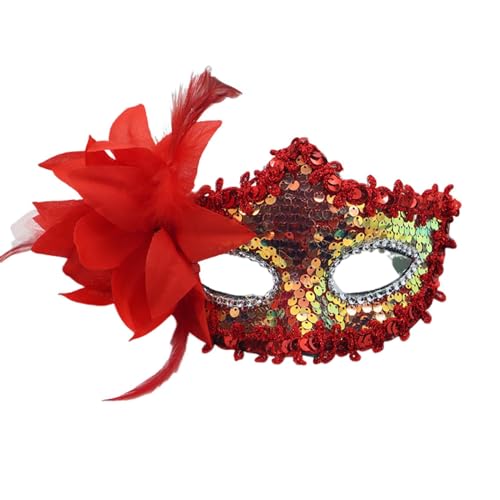 SHINROAD Pailletten Glamour Gesicht Kissen Funkelnde Feder Maskerade für Frauen Glitzernde Pailletten Zarte Federn Leichte Augenabdeckung Party Cosplay Rot von SHINROAD