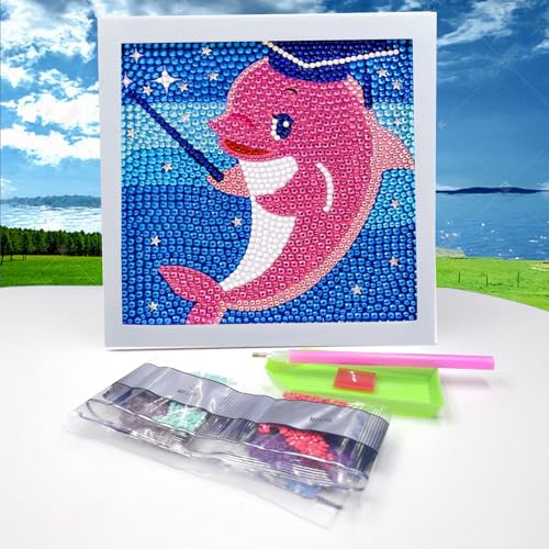 Diamond Painting Kinder, 5D Diamant Painting Delfinbilder, Diamond Painting Kinder Mit Holzrahmen, 5D DIY Diamond Painting Set, Diamond Painting, Geeignet für die Wanddekoration zu Hause(18x18cm) von SHIQUAN