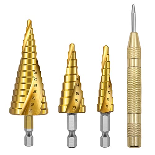 Stahlstufbohrbohrer Bit Set Stiefbohrer Bit Set Metall Plattenlochbohrkegel Bit mit Hex Shank Center Punch 4pcs von SHITOOMFE