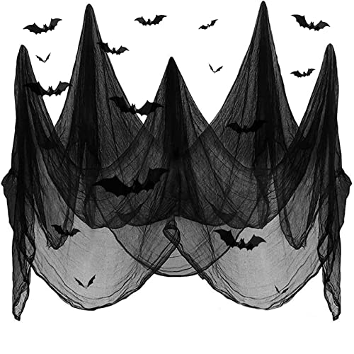 SHIYOUO Halloween Deko Stoff 215 * 500CM mit 12 Fledermaus Aufkleber, Schwarze Gruselige Stoffe, Schwarzes Spinnennetz Baumwollgarn Halloween Party Spukhaus Gruselige Dekoration von SHIYOUO