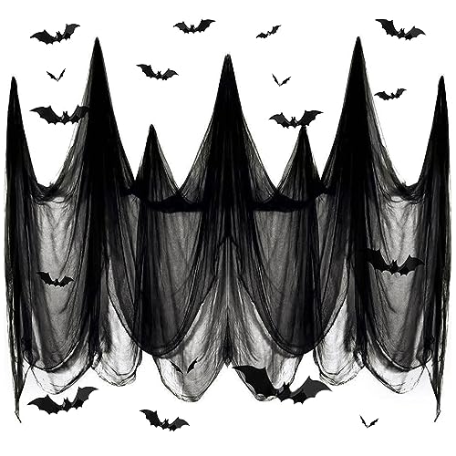 SHIYOUO Halloween Deko Stoff 215 * 800CM mit 12 Fledermaus Aufkleber, Schwarze Gruselige Stoffe, Schwarzes Spinnennetz Baumwollgarn Halloween Party Spukhaus Gruselige Dekoration von SHIYOUO