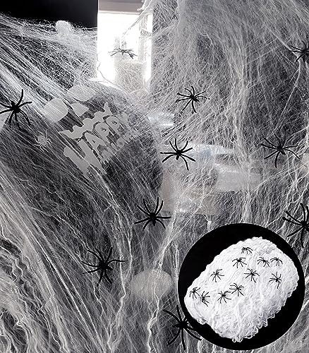 SHIYOUO Halloween Spinnennetz Deko, 200g weiße Baumwolle mit 50 Spinnen Halloween Spinnennetz Spinnennetz Deko Halloween Deko Kit für Halloween Party Deko von SHIYOUO