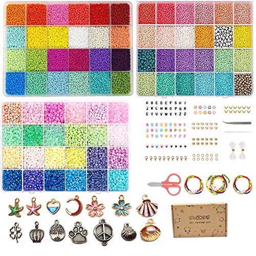 34470Pcs Schmuckherstellung Set 2mm 3mm 4mm Glasperlen Buchstaben Set zum auffädeln Mini Glasperlen Schmuck Charms Karabinerverschlüsse Ohrhaken Gummiband für DIY Armband Halsketten Schmuck Basteln von SHJOEE