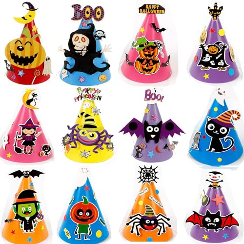 SHJOEE 12Pcs Kinder Partyhüte Set Halloween Hüte für Kinder Papier Krone Hut Party Kegel Hüte Partyhüte Halloween Fasching Geburtstag Karneval Dekoration Party Supplies Dress-up Cosplay Kostüm Zubehör von SHJOEE