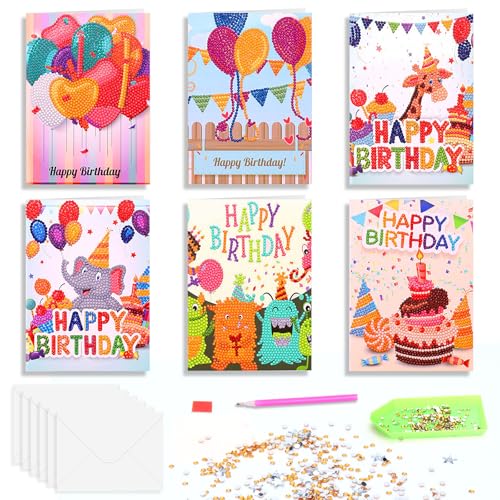 SHMSHNG Geburtstagskarte,6er Set Happy Birthday Geburtstag, DIY Geburtstagskarten, 5D Diamond Painting Deko Geburtstag Glückwunschkarten für Frau Männer Kinder von SHMSHNG