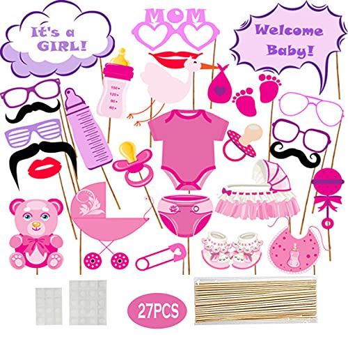 27 Stück It's A Girl rosa Mädchen Foto Requisiten Photo Booth Props Photobooth Dekoration für Babyparty Baby Dusche Taufe Baby Geburtstag Babyshower Party, Baby Shower Fotoaccessoires von SHONCO