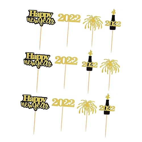 SHOWERORO 12 Stk 2022 Einstecken merksam happy new year topper prosit neujahr kuchen dekoration bithday cake Cupcake-Topper Cupcake-Ornament Liner Torteneinlegedekore Backaufsatz ziert Holz von SHOWERORO