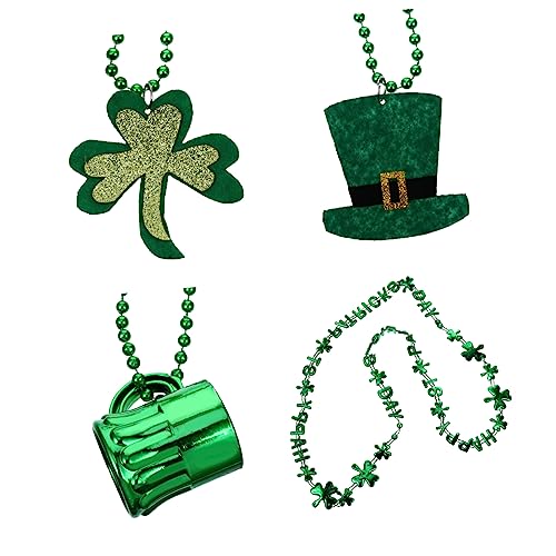 SHOWERORO 4 Stück Irische Halskette St Patricks Day Halskette Runde Perlenkette Zubehör Für Partykostüme Dame Halsschmuck Hängende Verzierung Für Festival Kleeblatthalskette Plastik Green von SHOWERORO