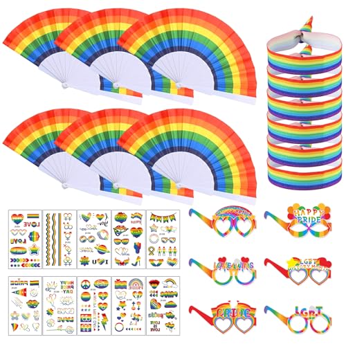 LGBTQ Regenbogen Gay Pride Set, 12 Stück pride tattoo + 6 Stück lgbtq armband + 6 Stück Gay Pride Armband + 6 Stück LGBT Gay Pride Partybrillen, Frauen Männer Pride Month Accessoires Party Dekoration von SHOWHEEL