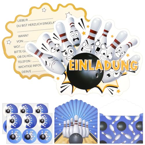 SHOWHEEL 12 Set Bowling Einladungskarten Kindergeburtstag,mit 12 Bowling Partyeinladungen 12 Umschläge 12pcs Aufkleber,Deutsch Geburtstagseinladungen,Einladung Bowling für Jungen und Mädchen von SHOWHEEL