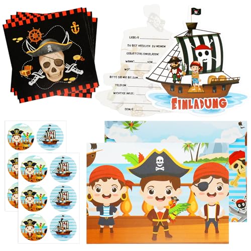 SHOWHEEL 12 × Piraten Einladungskarten, Deutsche Piraten Geburtstag Einladung mit Piraten Servietten und Umschläge, Piraten Kindergeburtstag Einladung, Piratenparty Kindergeburtstag Junge Mädchen von SHOWHEEL