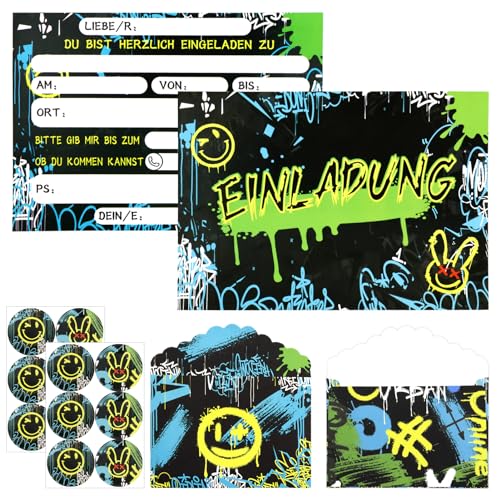 12× Graffiti Einladungskarten, Einladungskarten Kindergeburtstag Junge Mädchen mit Aufkleber und Umschläge, Neon Einladungskarten, Einladungskarten für Kindergeburtstag & Party von SHOWHEEL